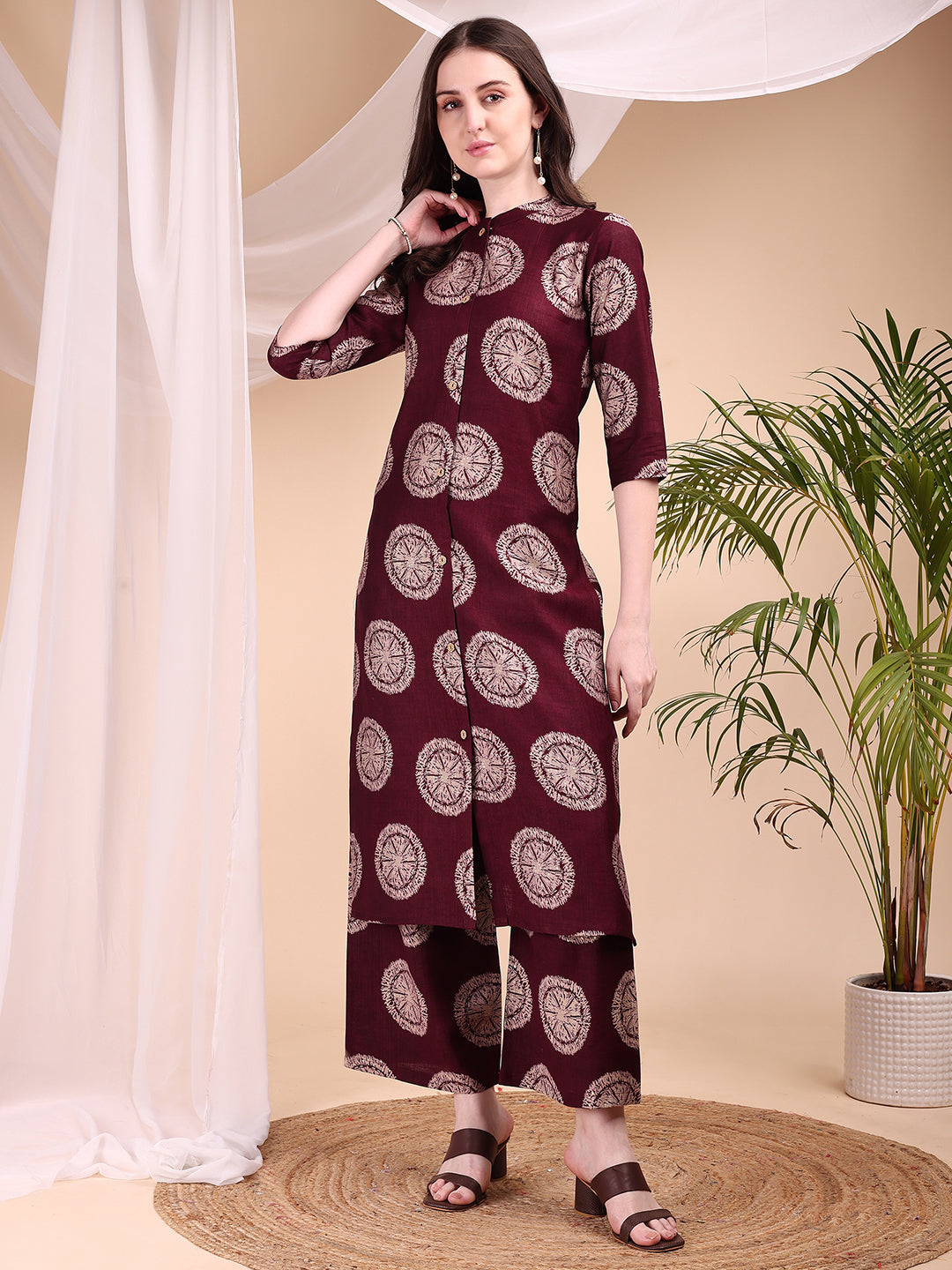 Two-Piece Ethnic Motifs Printed Kurta With Palazzo, Wine - Hiral Fashion