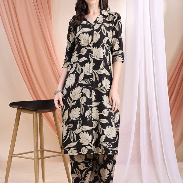 Printed Coordinated Kurta And Palazzo Set, Black - Hiral Fashion
