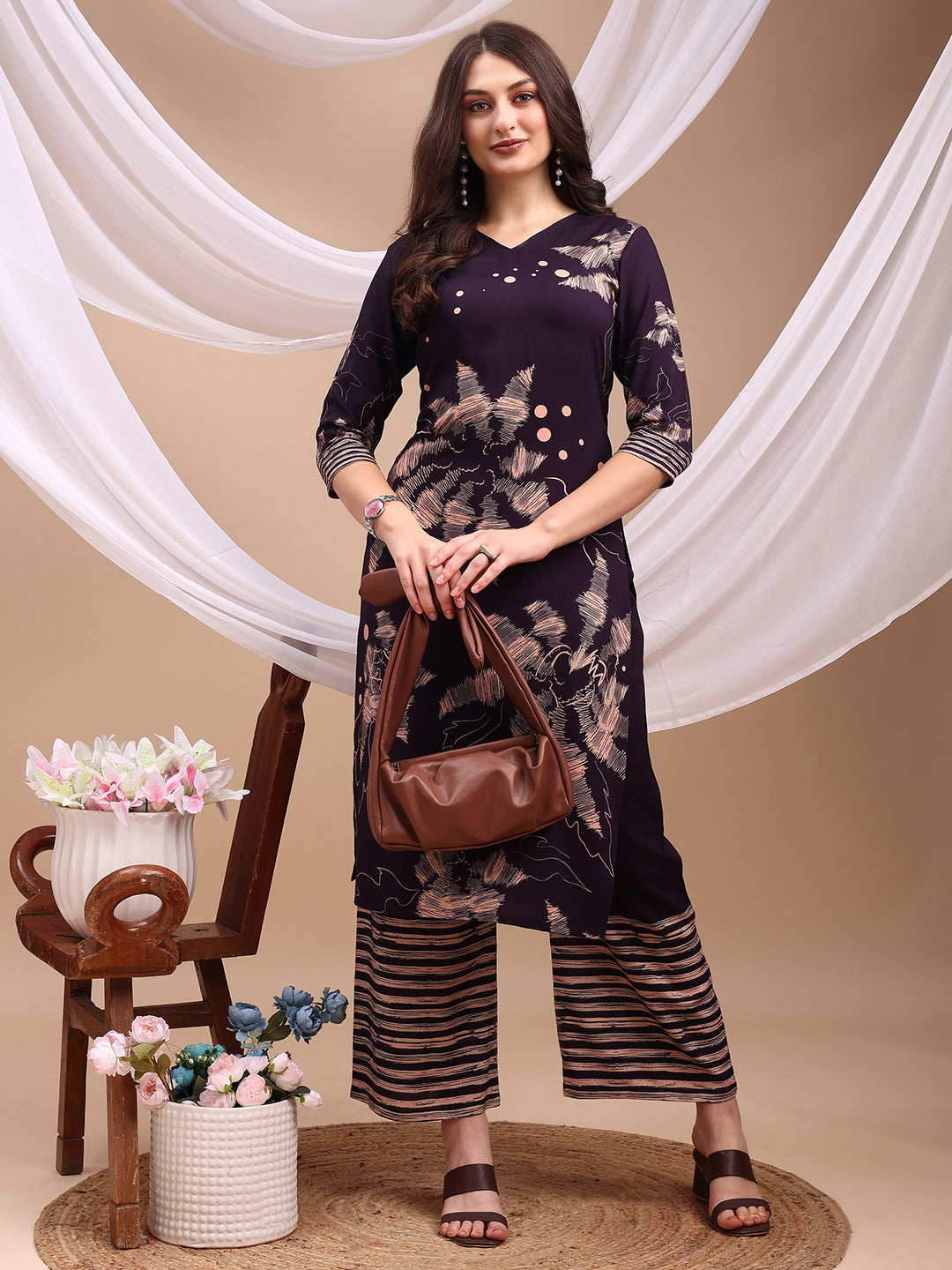 All-Over Abstract Floral Kurta-Palazzo Set, Violet - Hiral Fashion