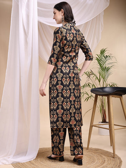 Ikat Printed Kurta With Palazzo Set, Black - Hiral Fashion - Dista