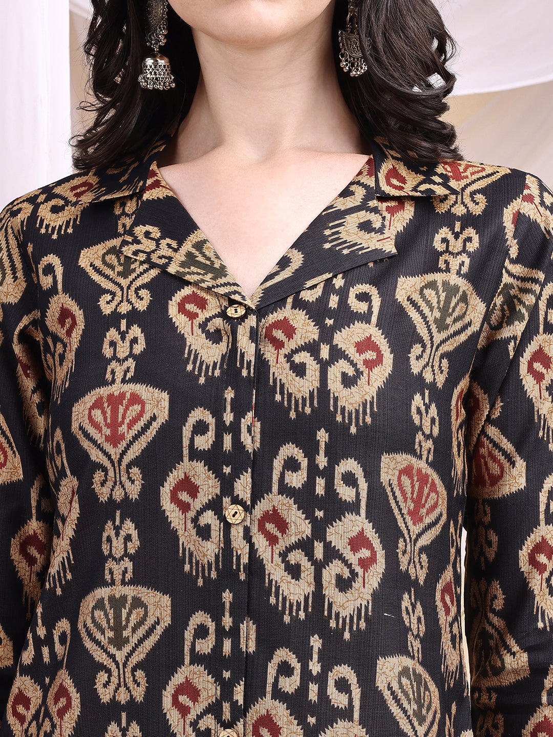Ikat Printed Kurta With Palazzo Set, Black - Hiral Fashion - Dista
