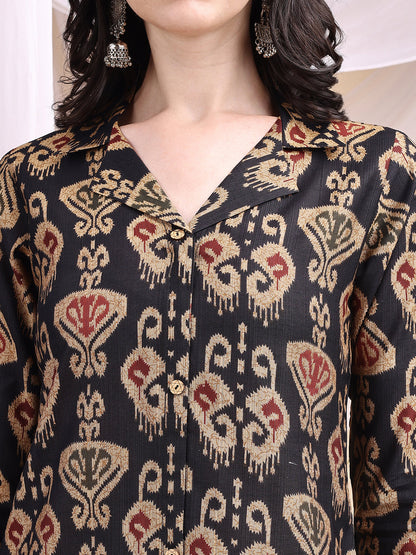 Ikat Printed Kurta With Palazzo Set, Black - Hiral Fashion - Dista