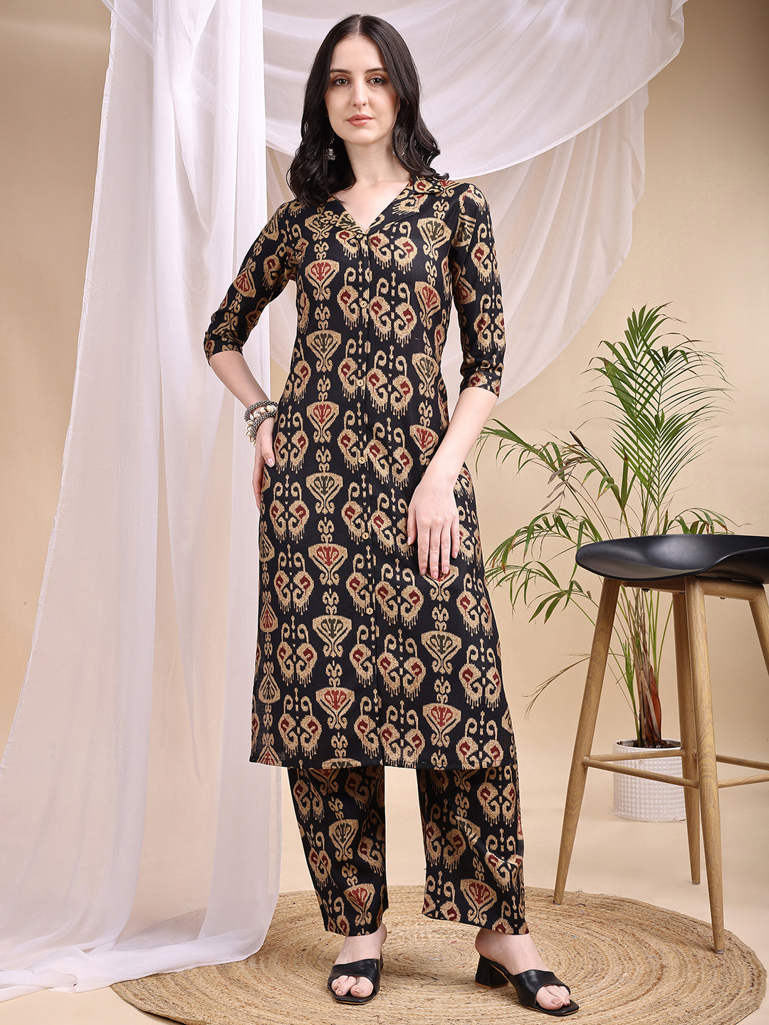 Ikat Printed Kurta With Palazzo Set, Black - Hiral Fashion - Dista
