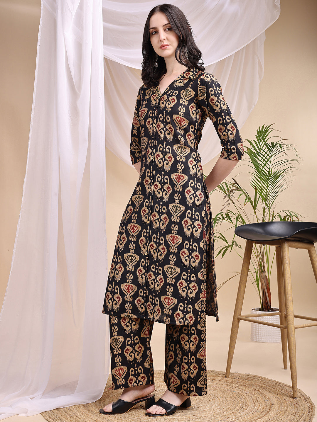 Ikat Printed Kurta With Palazzo Set, Black - Hiral Fashion - Dista