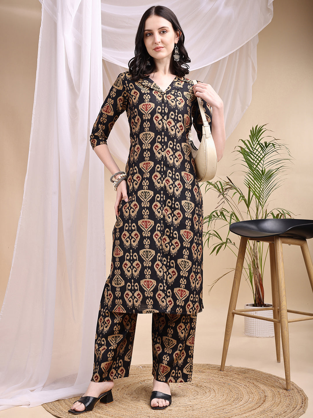Ikat Printed Kurta With Palazzo Set, Black - Hiral Fashion - Dista