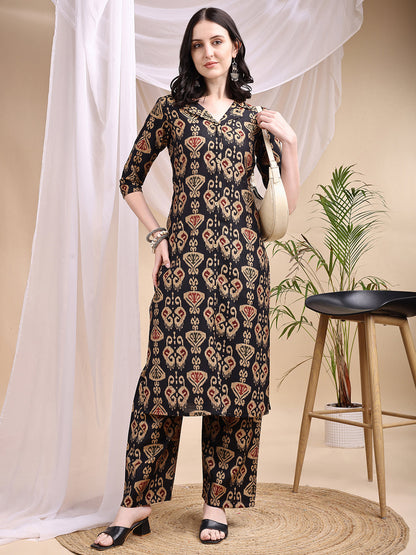 Ikat Printed Kurta With Palazzo Set, Black - Hiral Fashion - Dista