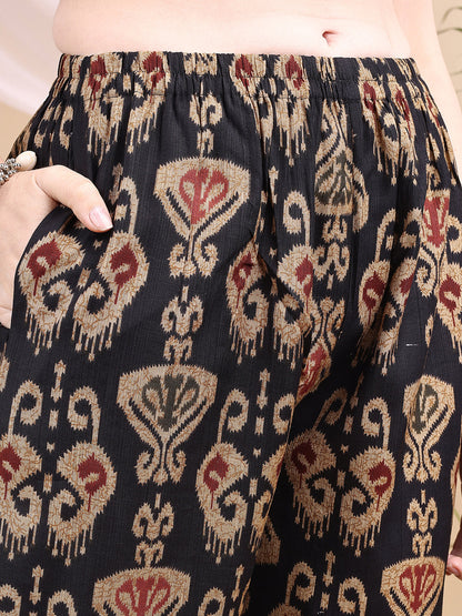 Ikat Printed Kurta With Palazzo Set, Black - Hiral Fashion - Dista