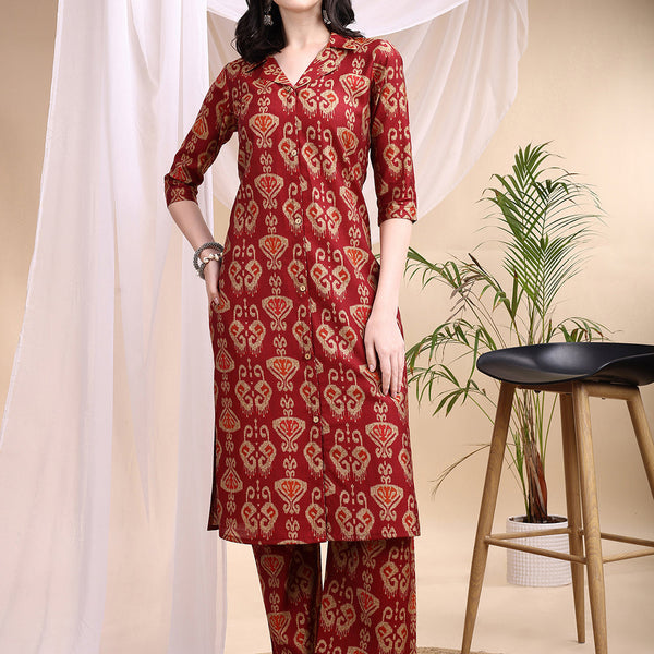 Ikat Printed Kurta With Palazzo Set, Maroon - Hiral Fashion - Distacart