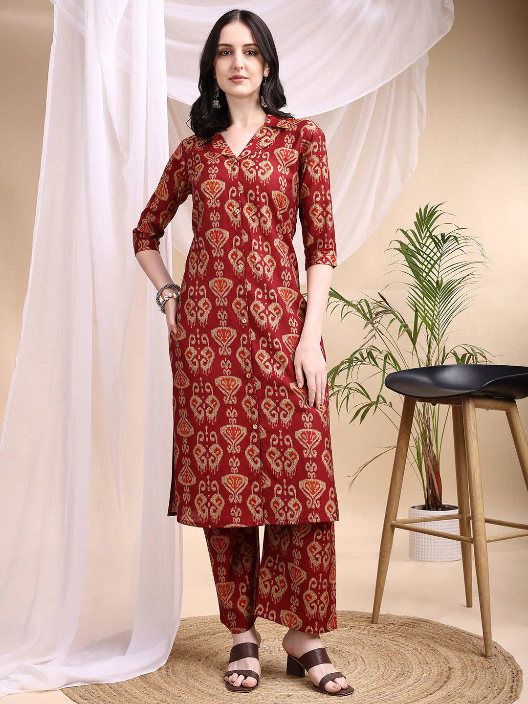 Ikat Printed Kurta With Palazzo Set, Maroon - Hiral Fashion