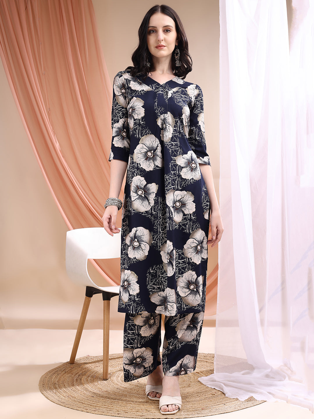 Floral Printed Kurta With Palazzo, Navy Blue - Hiral Fashion