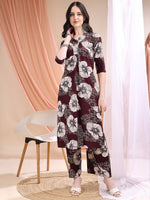 Thumbnail for Floral Printed Kurta With Palazzo, Wine - Hiral Fashion - Distacart