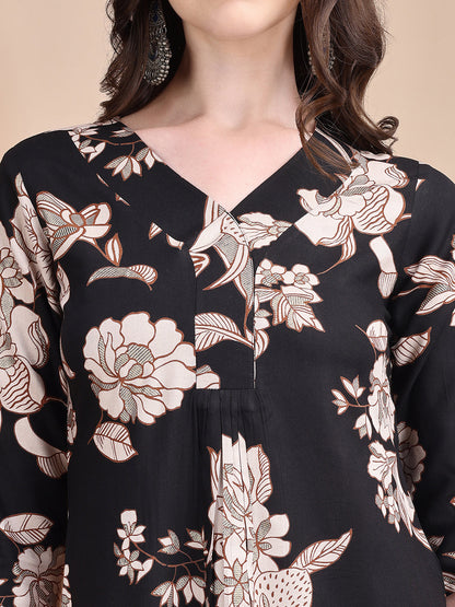 Floral Printed Kurta Set, Black - Hiral Fashion - Distacart