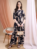 Thumbnail for Floral Printed Kurta Set, Navy Blue - Hiral Fashion - Distacart