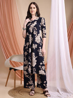 Thumbnail for Floral Printed Kurta Set, Navy Blue - Hiral Fashion - Distacart