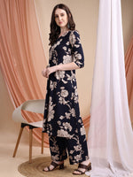 Thumbnail for Floral Printed Kurta Set, Navy Blue - Hiral Fashion - Distacart