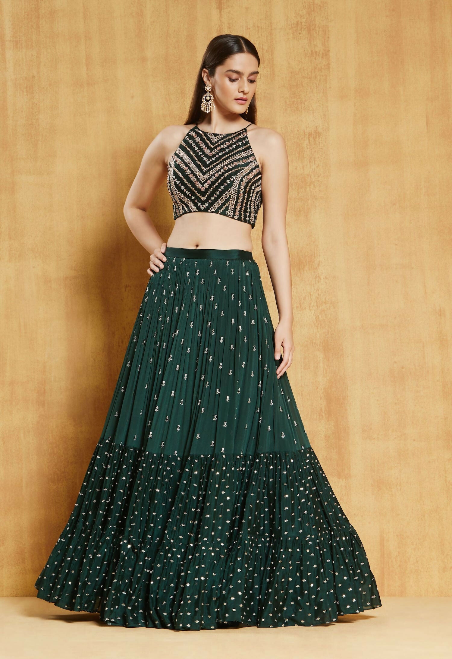 Jyoti Fashion Bottle Green Sequence Embroidery Georgette Designer Lehenga Choli with Dupatta - Distacart