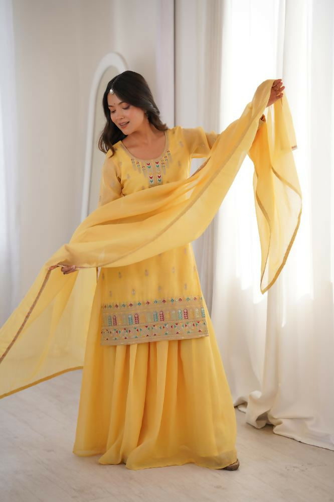 Lehenga Mart Designer Sharara Suit With Kurta, Sharara, Dupatta For Women-Yellow - Distacart