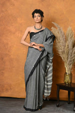 Thumbnail for Very Much Indian Handloom Pure Cotton Saree With Sleek Border - Grey - Distacart