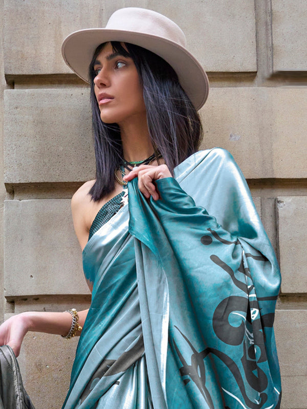 NOZ2TOZ Women's Satin Blue Printed Designer Saree With Blouse Piece - Distacart