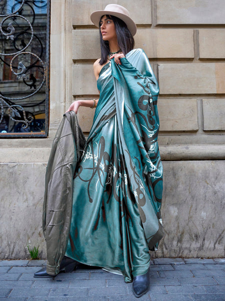 NOZ2TOZ Women's Satin Blue Printed Designer Saree With Blouse Piece - Distacart