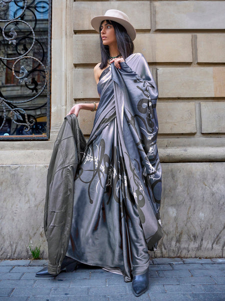 NOZ2TOZ Women's Satin Grey Printed Designer Saree With Blouse Piece - Distacart