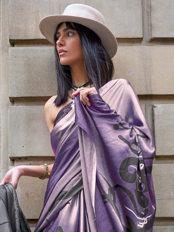 NOZ2TOZ Women's Satin Purple Printed Designer Saree With Blouse Piece - Distacart