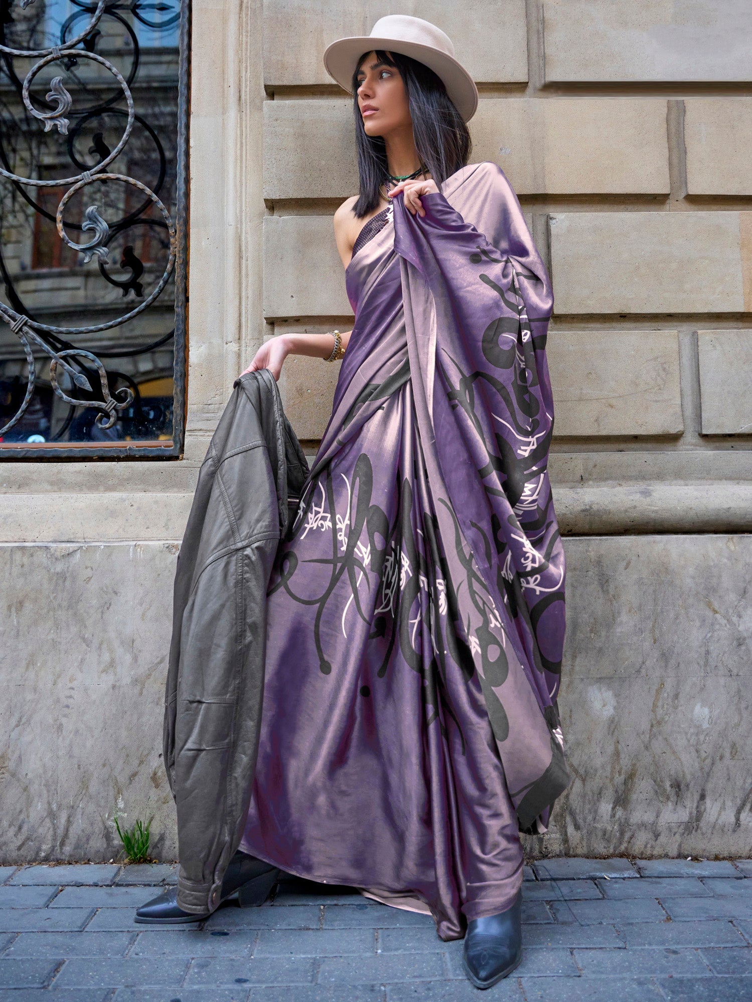 NOZ2TOZ Women's Satin Purple Printed Designer Saree With Blouse Piece - Distacart