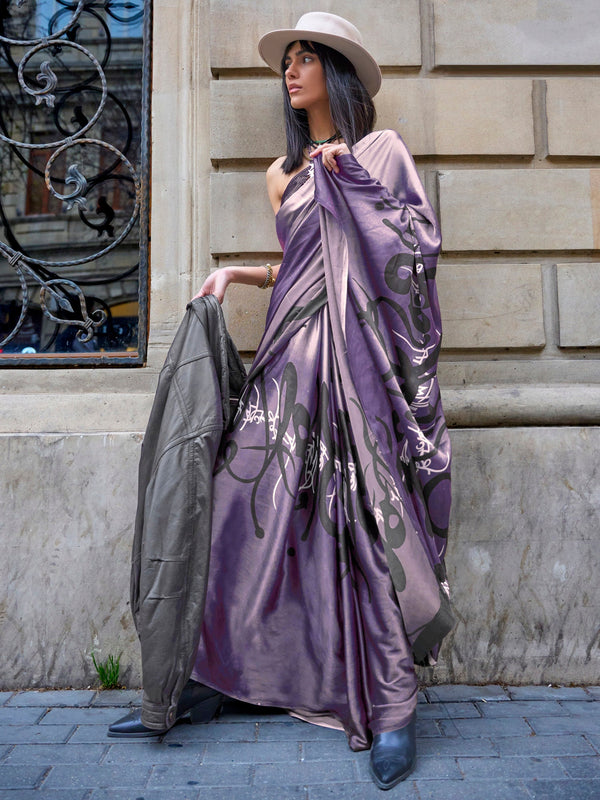 NOZ2TOZ Women's Satin Purple Printed Designer Saree With Blouse Piece - Distacart