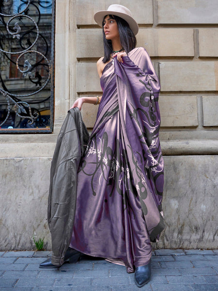 NOZ2TOZ Women's Satin Purple Printed Designer Saree With Blouse Piece - Distacart