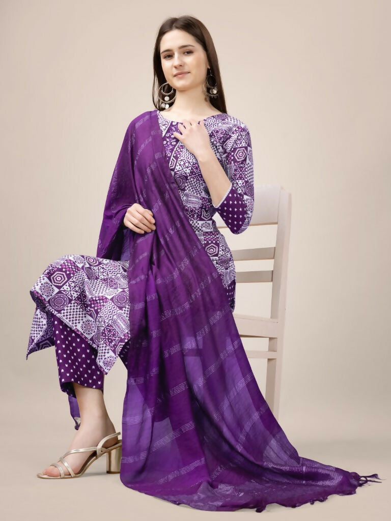 Jyoti Fashion Women's Purple Rayon Print with Embroidery & Fancy Lace Work Kurta with Trouser & Dupatta - Distacart