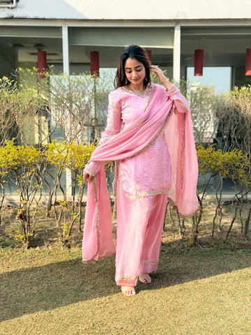 Teeya Creation Womens New Festive Wear Hand Made Real Mirror Pal Moti Lace Baby-Pink Kurta Set - Dista