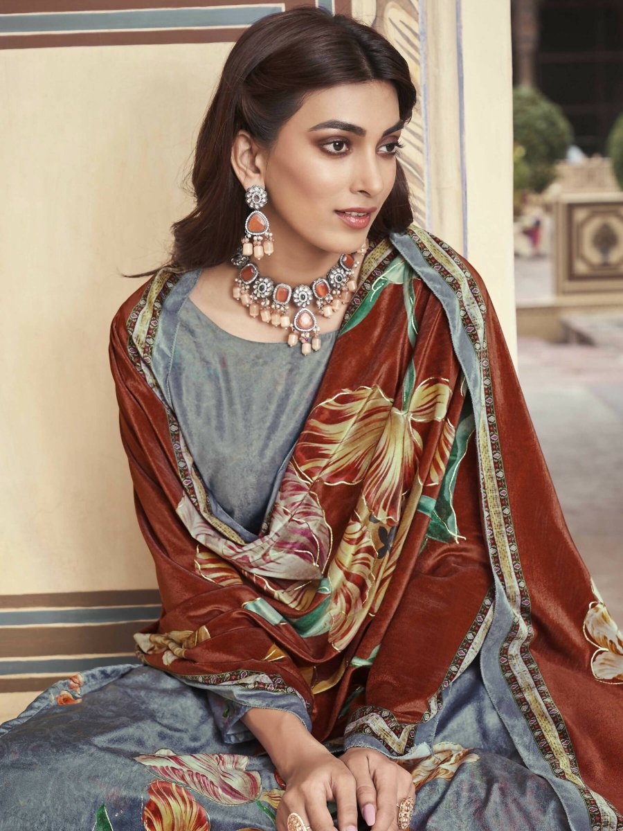 Aastha Fashion Women's Grey Velvet Floral Digital Printed Kurta with Trouser & Dupatta - Distacart