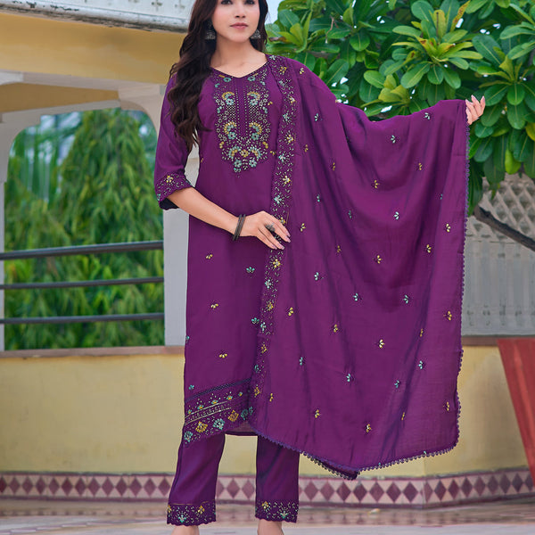 Embroidered Kurta With Pant & Embroidered Dupatta, Purple - Hiral Fashion - Distacart