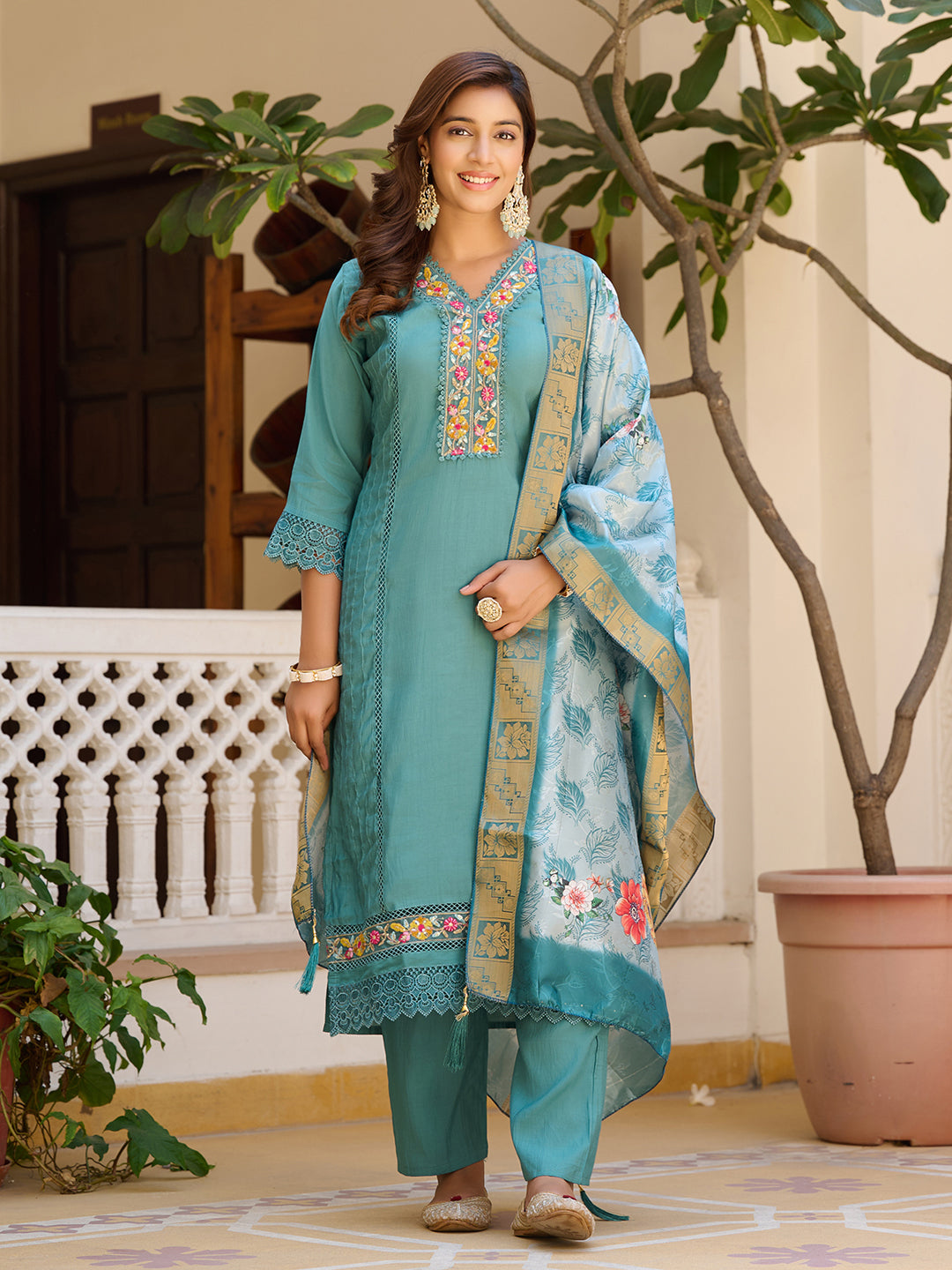 Embroidered Kurta With Pant & Embroidered Dupatta, Blue - Hiral Fashion