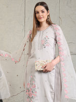 Thumbnail for Embroidered Kurta With Pant & Organza Embroidered Dupatta, Grey - Hiral Fashion - Distacart