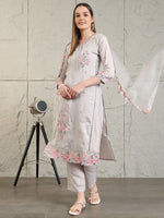 Thumbnail for Embroidered Kurta With Pant & Organza Embroidered Dupatta, Grey - Hiral Fashion - Distacart