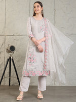 Thumbnail for Embroidered Kurta With Pant & Organza Embroidered Dupatta, Grey - Hiral Fashion - Distacart