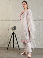 Thumbnail for Embroidered Kurta With Pant & Organza Embroidered Dupatta, Grey - Hiral Fashion - Distacart