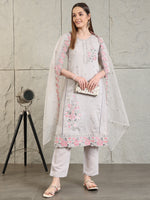 Thumbnail for Embroidered Kurta With Pant & Organza Embroidered Dupatta, Grey - Hiral Fashion - Distacart