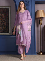 Thumbnail for Placement Embroidered Kurta With Pant & Organza Printed Dupatta, Lavender - Hiral Fashion - Distacart