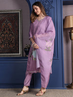 Thumbnail for Placement Embroidered Kurta With Pant & Organza Printed Dupatta, Lavender - Hiral Fashion - Distacart
