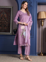 Thumbnail for Placement Embroidered Kurta With Pant & Organza Printed Dupatta, Lavender - Hiral Fashion - Distacart