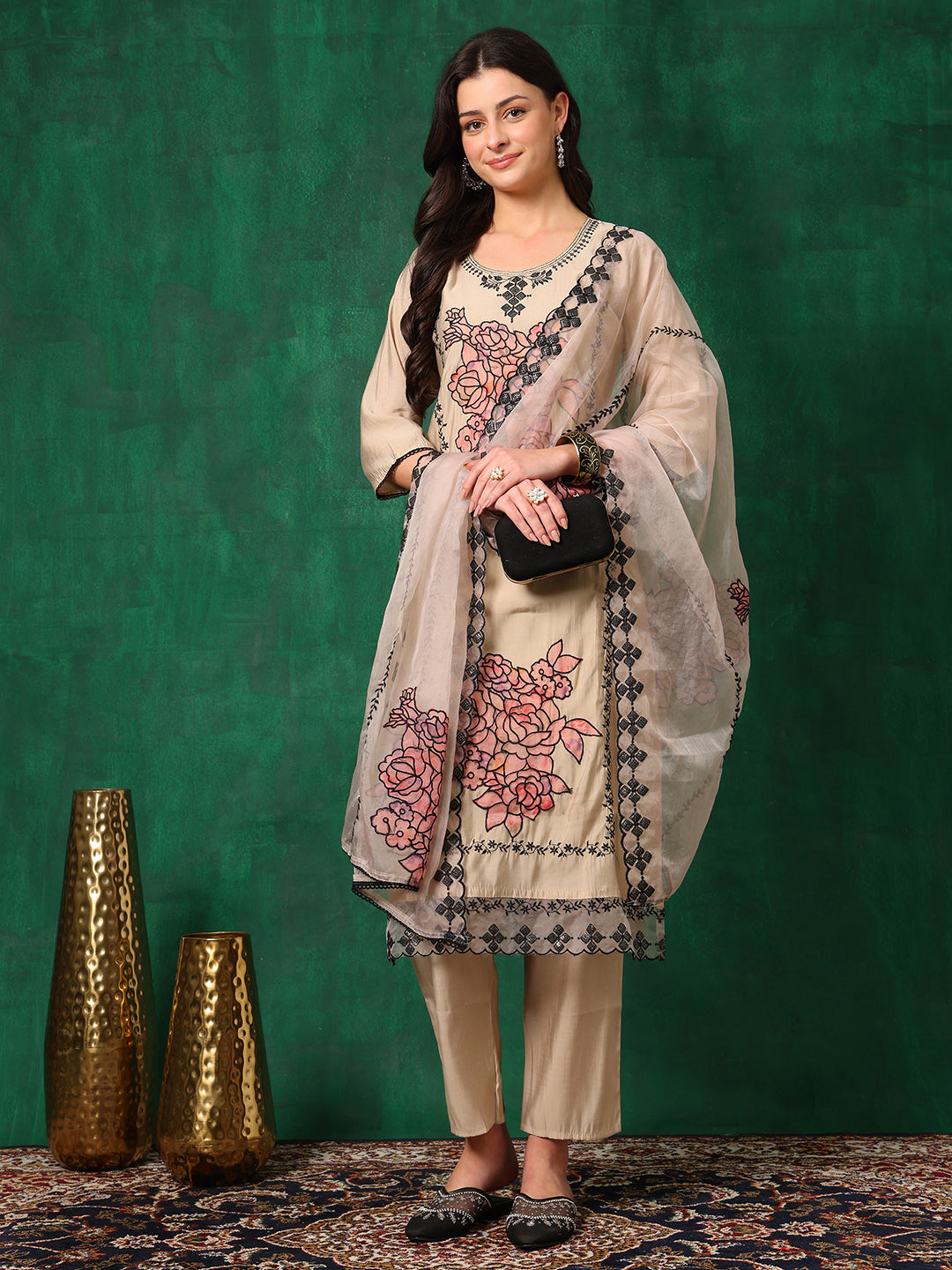 Applique Embroidered Kurta With Pant & Embroidered Dupatta, Beige - Hiral Fashion - Dista