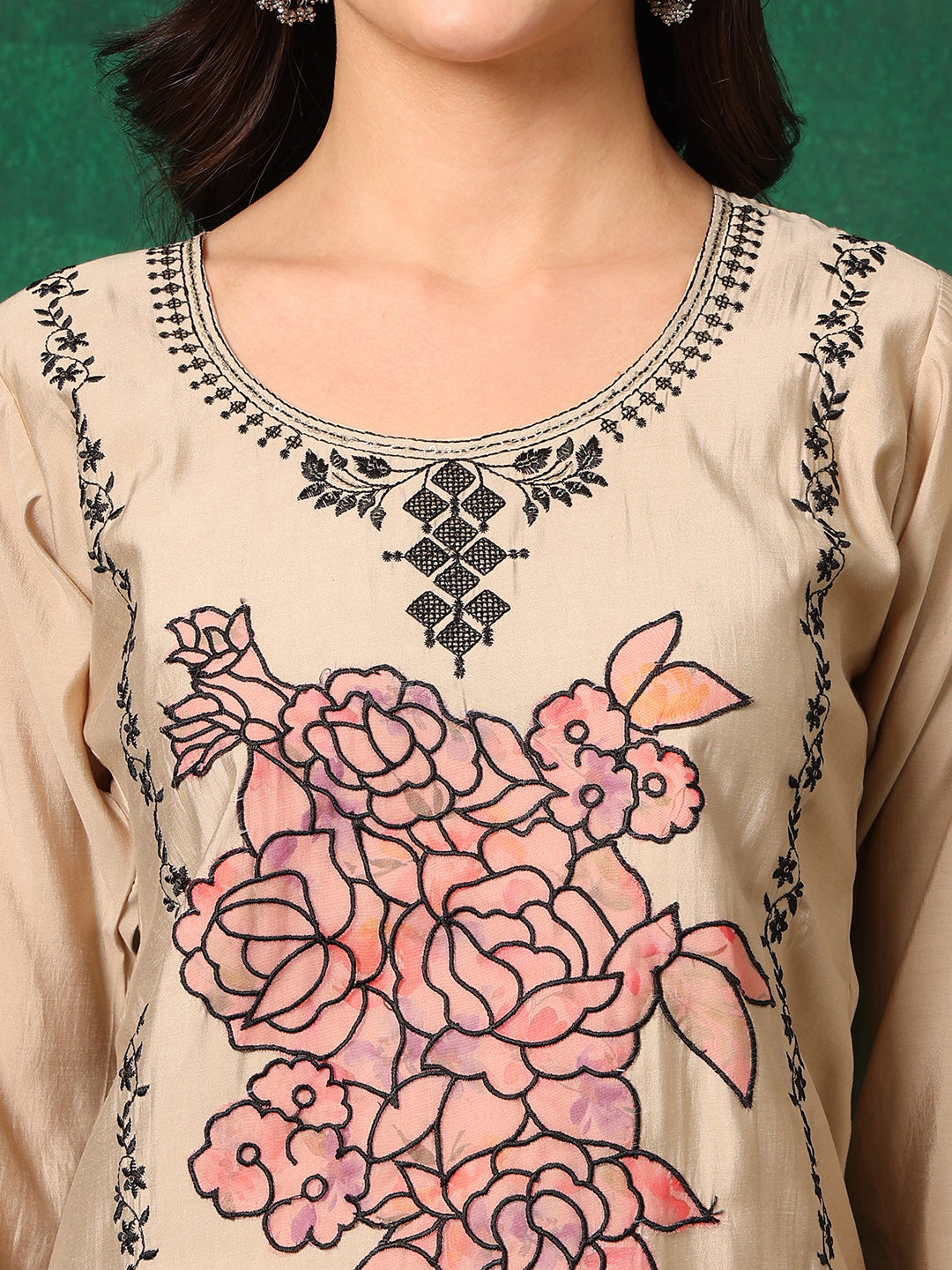 Applique Embroidered Kurta With Pant & Embroidered Dupatta, Beige - Hiral Fashion - Dista