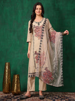 Thumbnail for Applique Embroidered Kurta With Pant & Embroidered Dupatta, Beige - Hiral Fashion - Dista