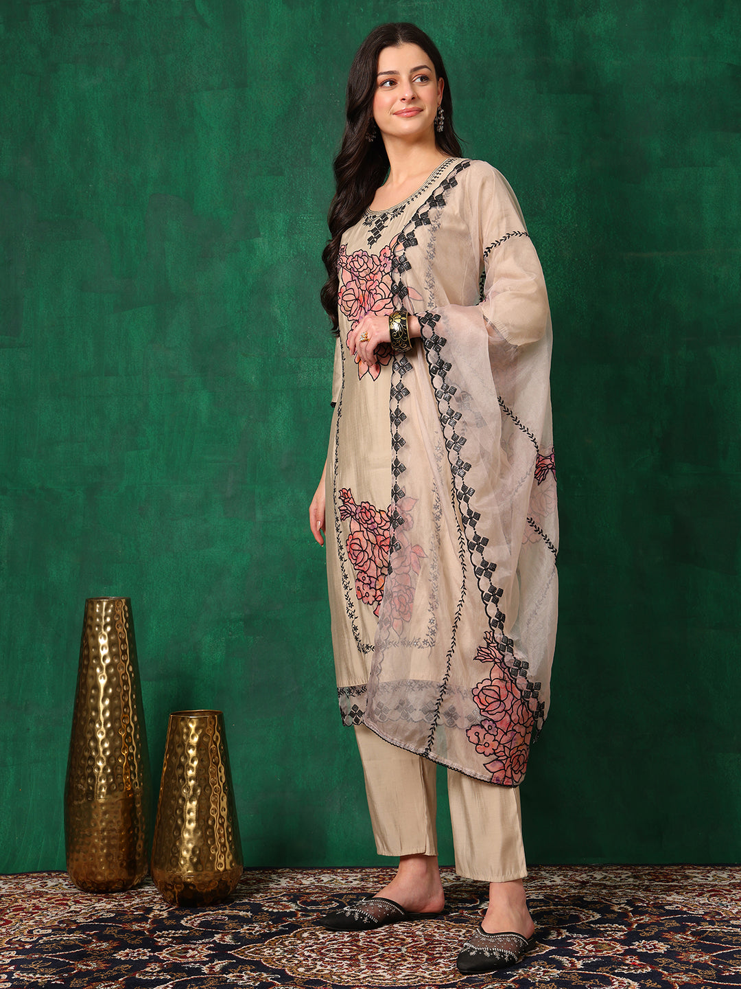 Applique Embroidered Kurta With Pant & Embroidered Dupatta, Beige - Hiral Fashion - Dista