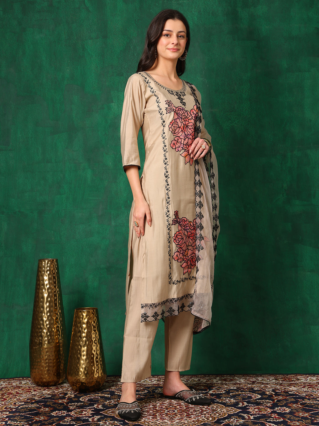 Applique Embroidered Kurta With Pant & Embroidered Dupatta, Beige - Hiral Fashion - Dista