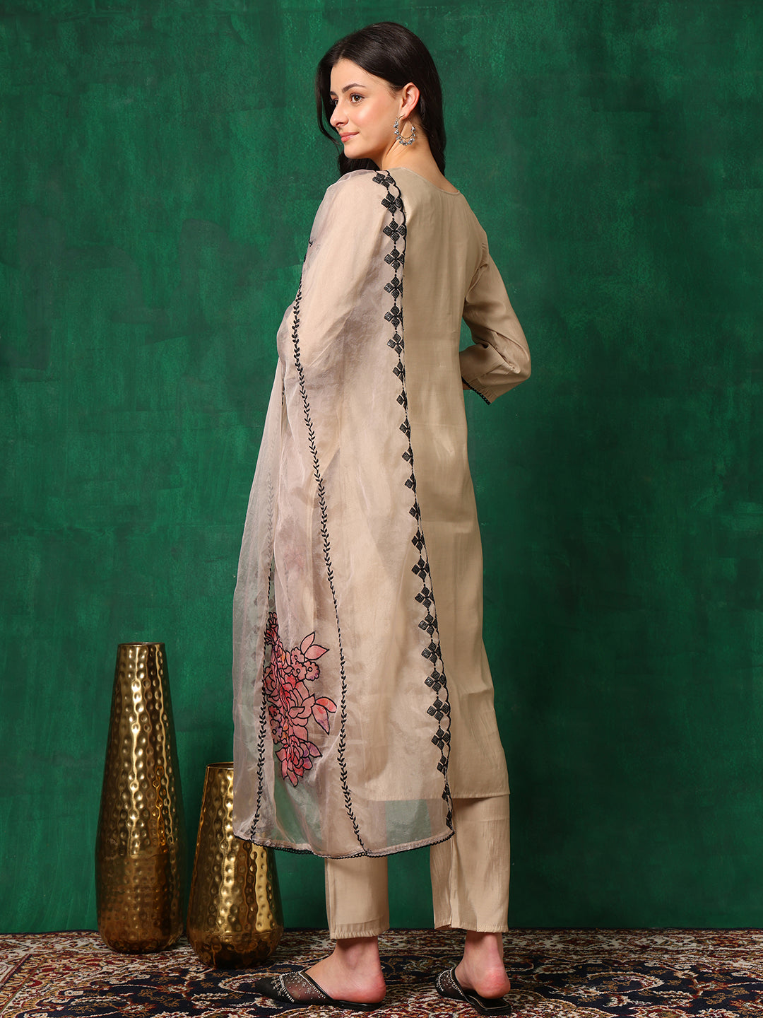 Applique Embroidered Kurta With Pant & Embroidered Dupatta, Beige - Hiral Fashion - Dista