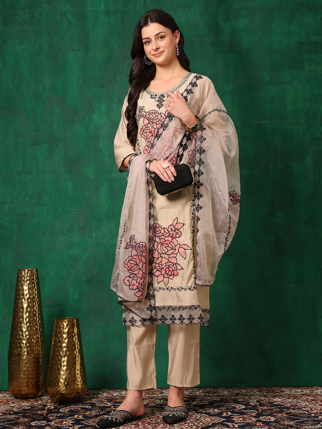 Applique Embroidered Kurta With Pant & Embroidered Dupatta, Beige - Hiral Fashion - Dista