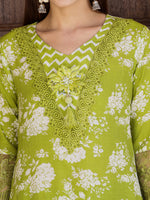 Thumbnail for Flower Embellished And Printed Kurta With Pant & Dupatta, Green - Hiral Fashion - Distacart